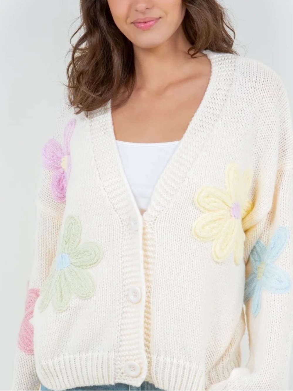 Cream Knit Pastel Floral Oversized Cardigan. Size S/M - Picture 2 of 7